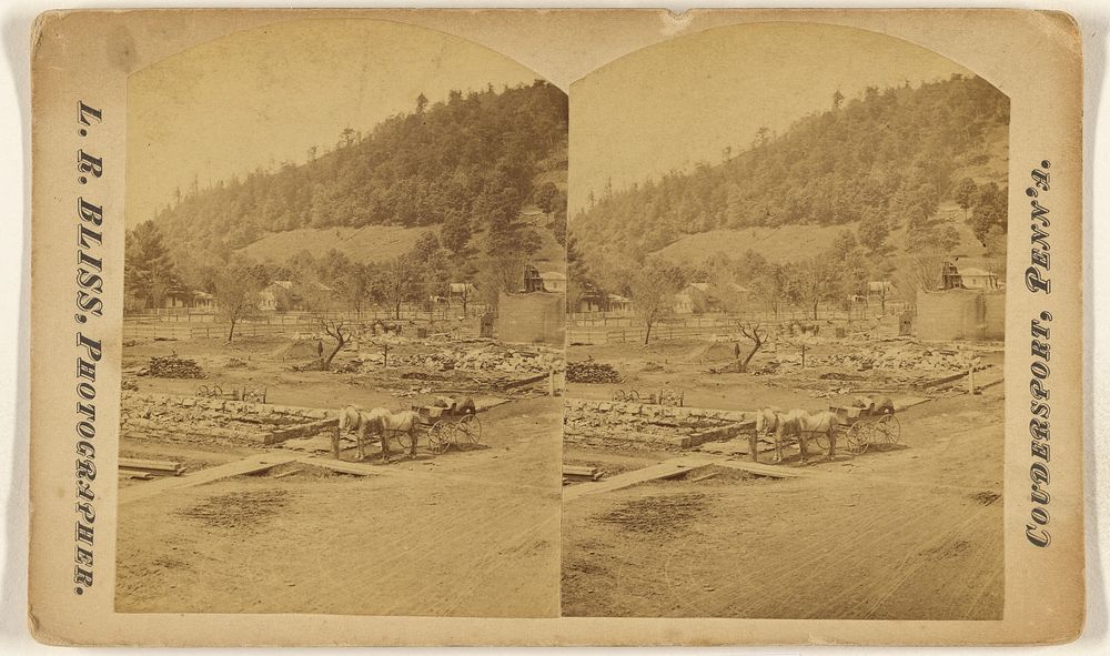 View of several destroyed houses with horse and carriage in foreground at Coudersport, Pa. by Lalon R Bliss