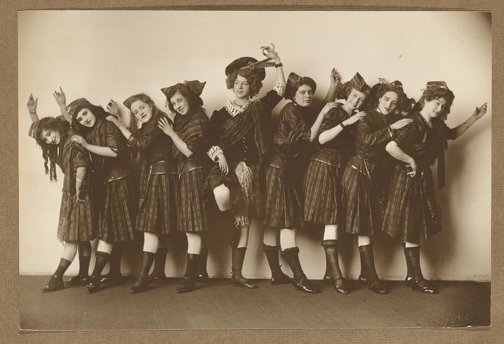 Nine girls in Scottish attire by A Louis Mojonier