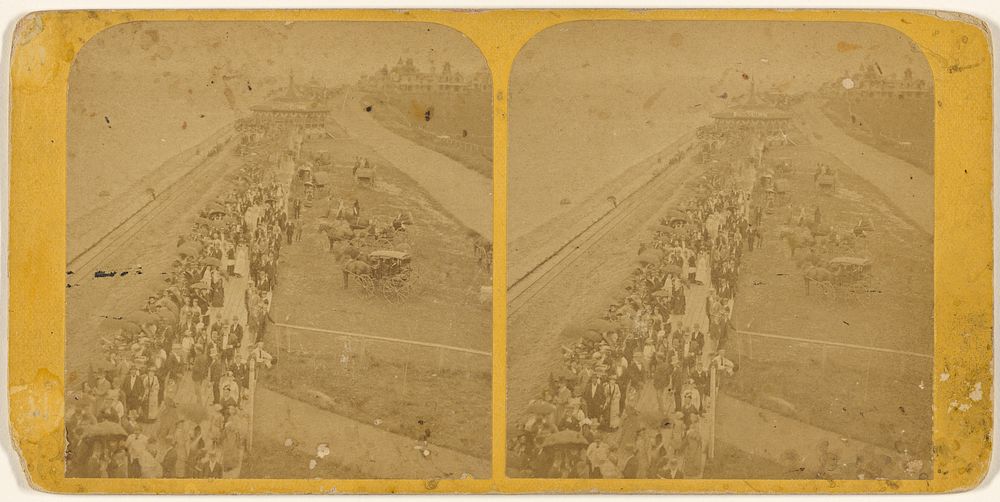 The Plank Walk crowded with people and horse and carriages on other side [Oak Bluffs, Mass.] by S F Adams