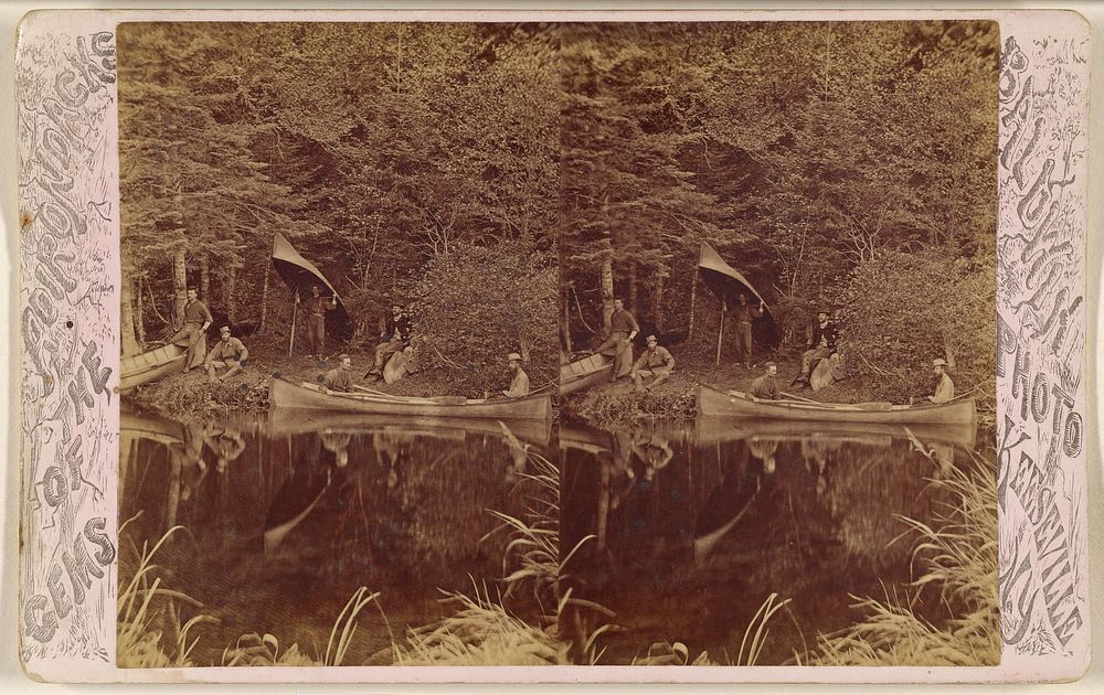 Group of men on shore of St. Regis River, two in canoe, one with canoe on head by G W Baldwin