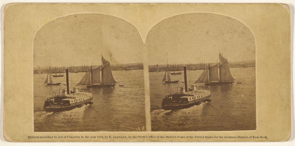 Schooner, Sloop, and Ferry Boat, with Brooklyn in the Distance. by Edward Anthony