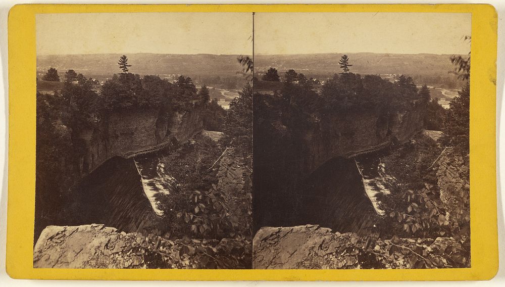Looking down from the Chimney Rocks, the Tunnel in the foreground, top of Ithaca Fall in the Middle, the inlet and west…