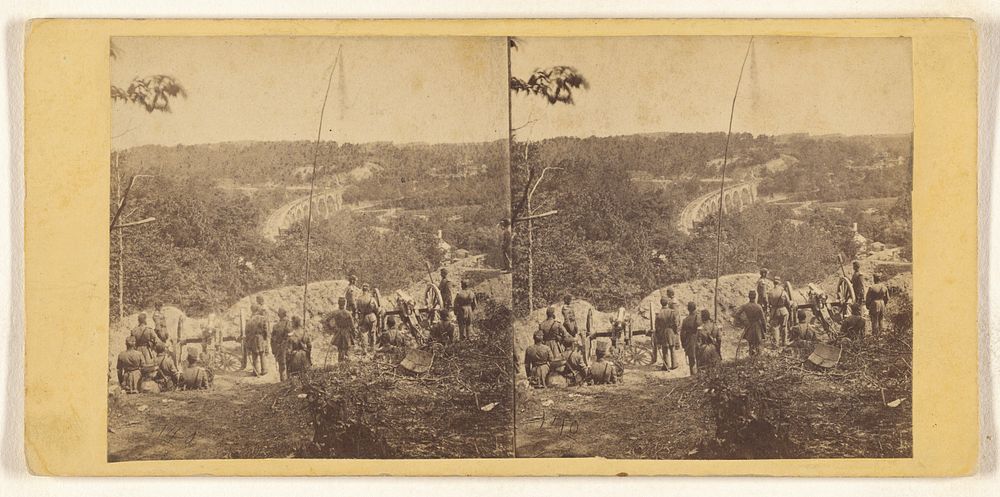 Group of Civil War soldiers overlooking a bridge