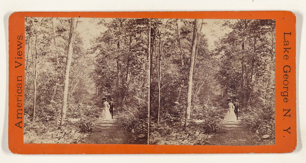 Unidentified couple walking down a path in the woods, woman holding a parasol, at Lake George, New York by Edward and Henry…