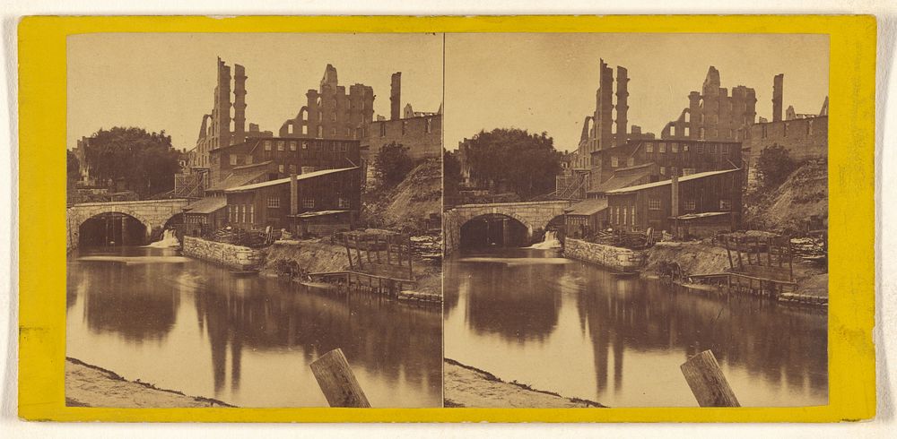 View on the Lynchburgh Canal, near the Haxall Flour Mills, Richmond, Va. The ruins of the Gallego Mills in the distance. by…