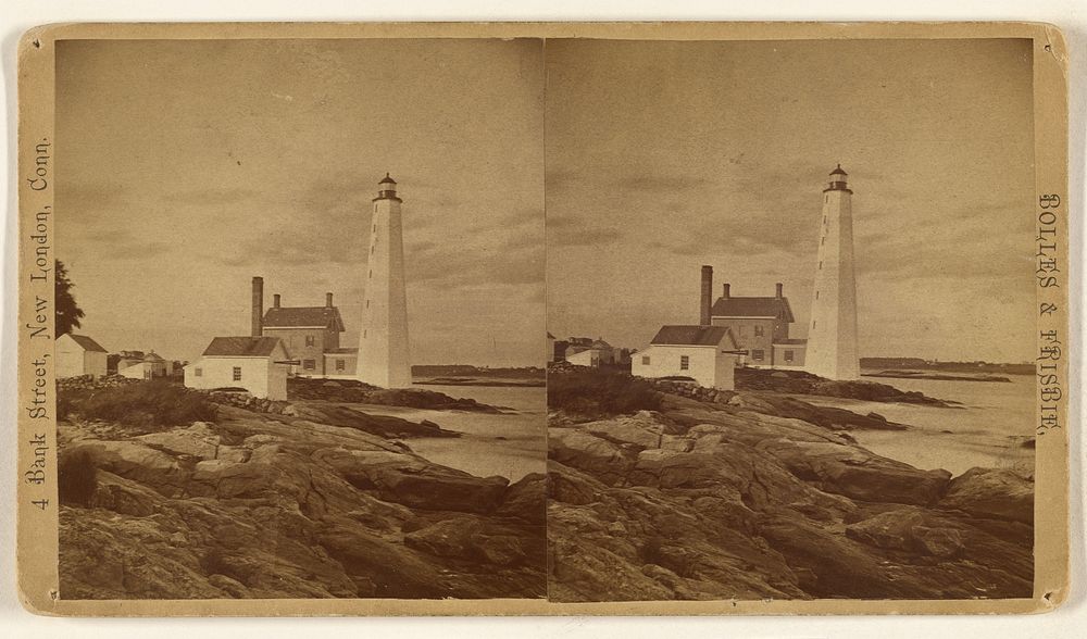 Coast view with houses and lighthouse at New London, Conn. by Bolles and Frisbie