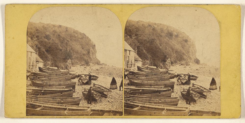 View of shoreline with numerous rowboats, some people standing, possibly at Ilfracombe, England (?) by Britton