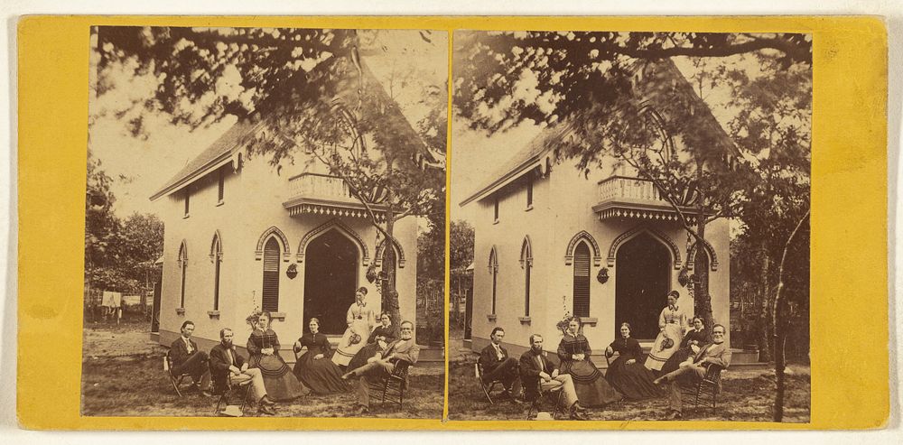 Group of well-dressed people seated on lawn in front of a house, possibly at Martha's Vineyard by Brownell and Warren