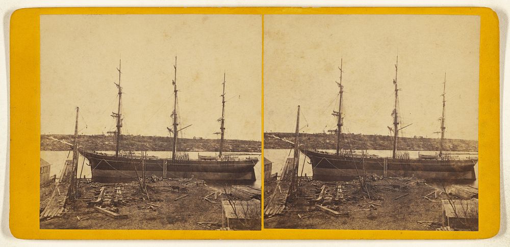 Sailing boat with three masts in dry-dock, at Bath, Maine? by B P Browne