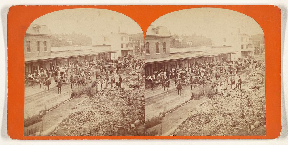 Street scene crowded with people and horse-drawn wagons and carriages, possibly at Wilton, New Hampshire by Freeman E Bugbee