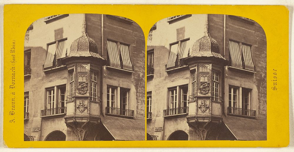 Architectural detail of a building in Switzerland, with sign on building: "Theatergasse/Rue Du Theatre". by Adolphe Braun