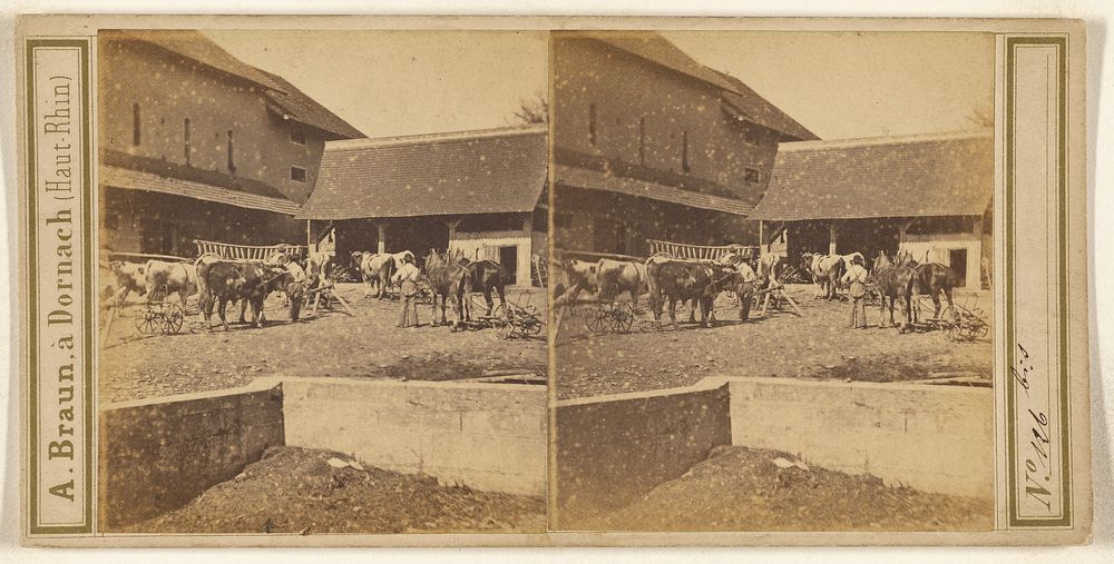 Farm scene with farmers, cows and wagons, possibly in Switzerland by Adolphe Braun