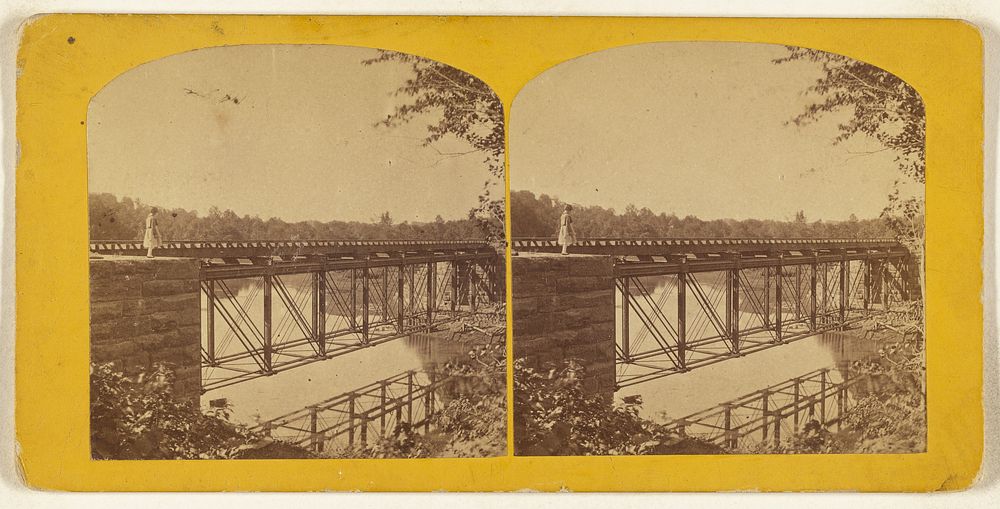Railroad bridge, possibly at Middletown, Connecticut, unidentified woman standing at left by Joseph K Bundy
