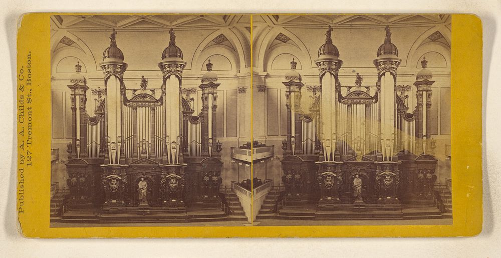 Pipe organ, interior of a church, possibly at Boston, Mass. by A A Childs and Co