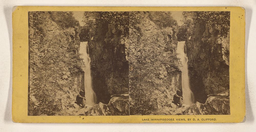 Waterfall with man on cliffs near Lake Winnipiseogee by Daniel A Clifford