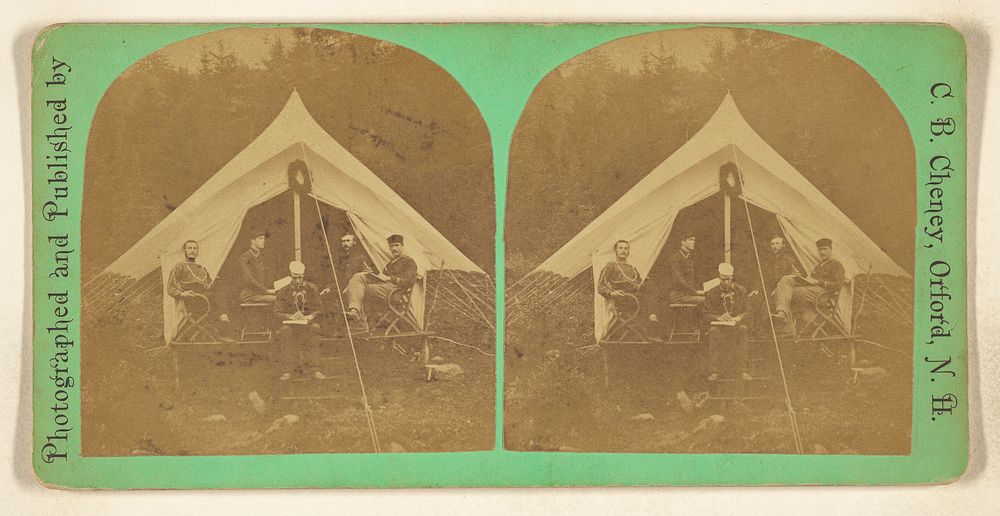 Group of five men seated in front of a tent, possibly soldiers, perhaps at Orford, N.H. by C B Cheney