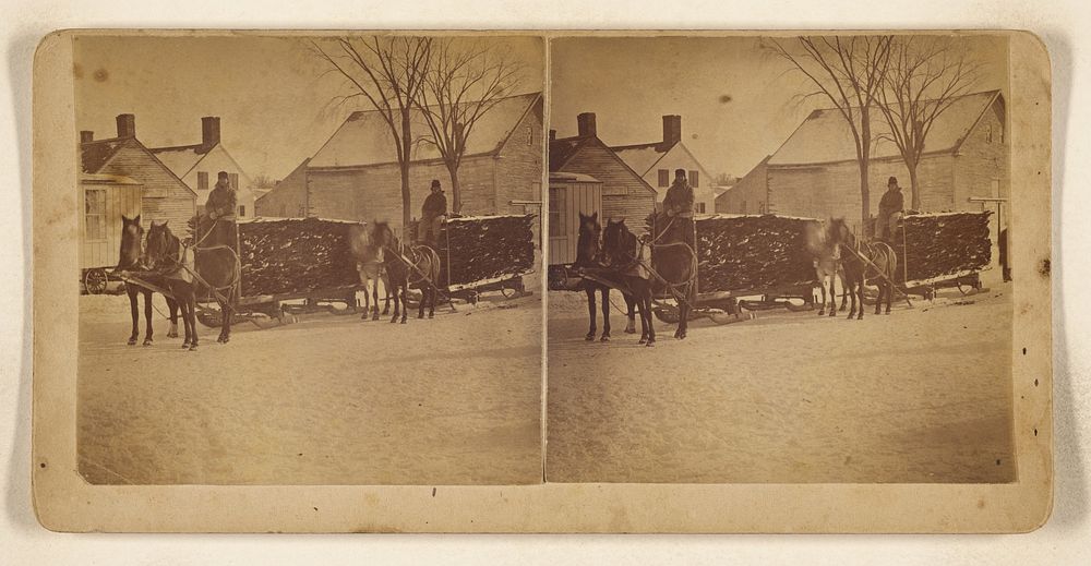 Two men, each on a horse-drawn wagon filled with logs, possibly at Lincoln, Maine by William P Dean