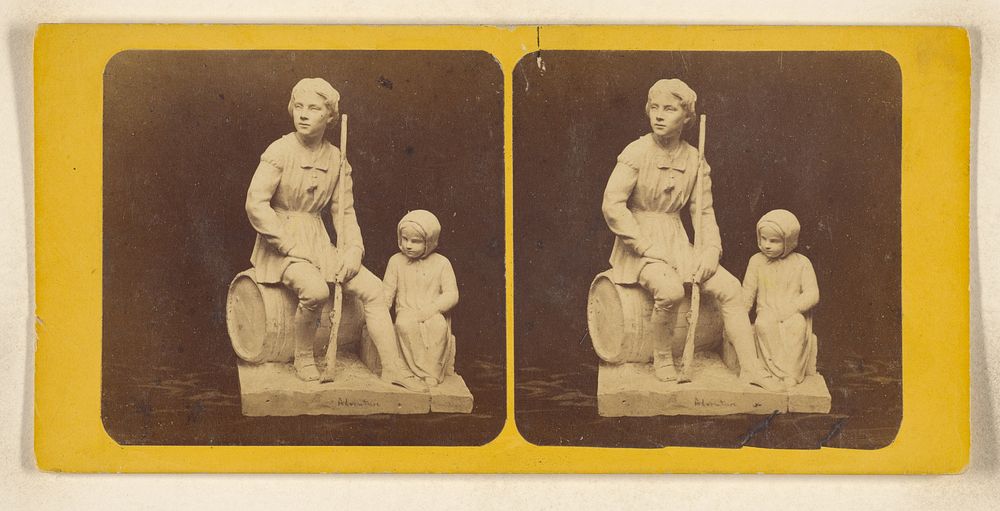 Palmer Marbles. Sculpture of boy with rifle seated on barrel, little girl seated next to him by P C Duchochois