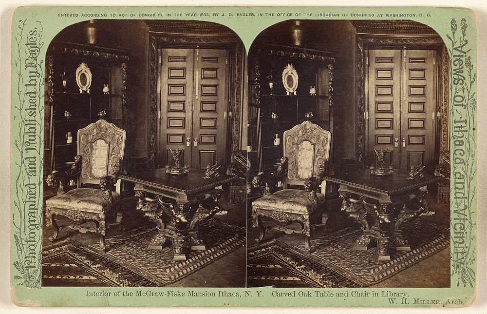 Interior of the McGraw-Fiske Mansion Ithaca, N.Y., Carved Oak Table and Chair in Library. W.H. Miller, Arch. by Joseph…