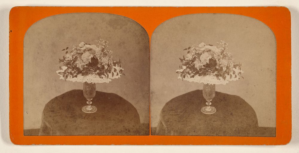 Vase of flowers with doily by Jotham A French