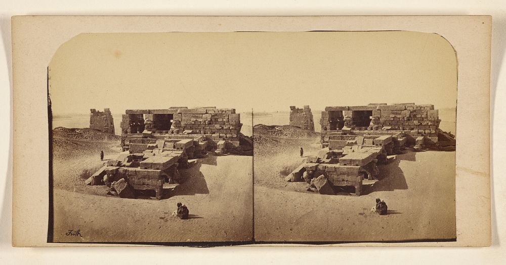 Unidentified desert ruins, men squatting in sand by Francis Frith