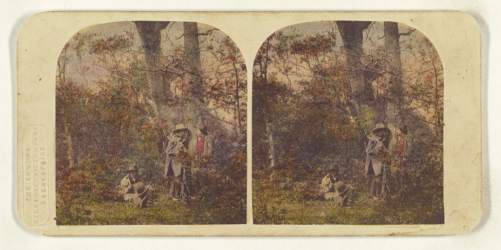 Three men in the woods, two standing, one seated by William Grundy