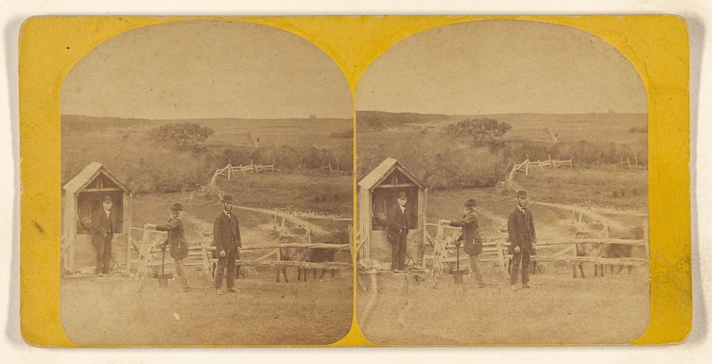 Three men in bowler hats standing in a corral by William Grundy