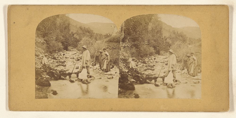 Group of people, possibly a family, fording a stream by William Grundy