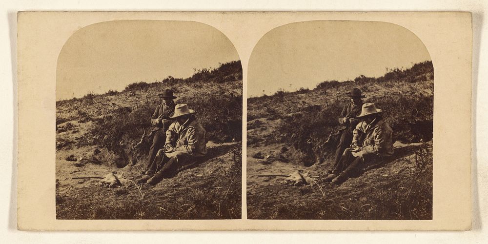 Two men seated on ground, holding tools by William Grundy
