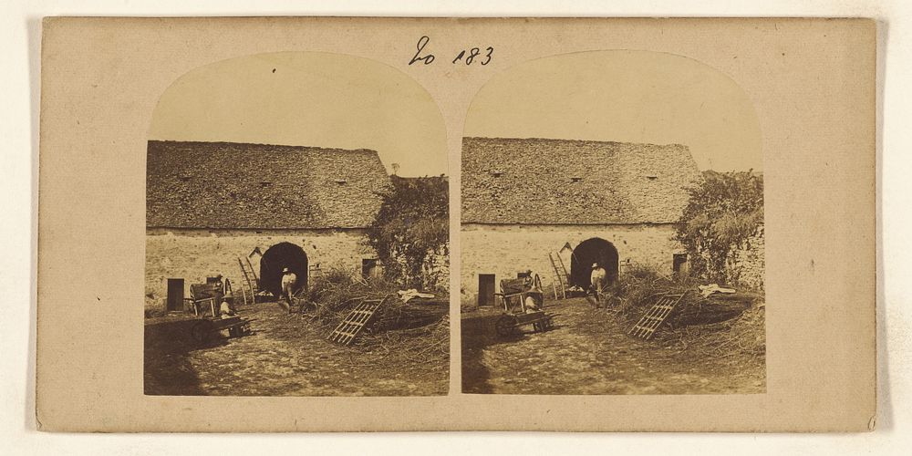 View of barnyard and barn, man standing in archway of barn by William Grundy