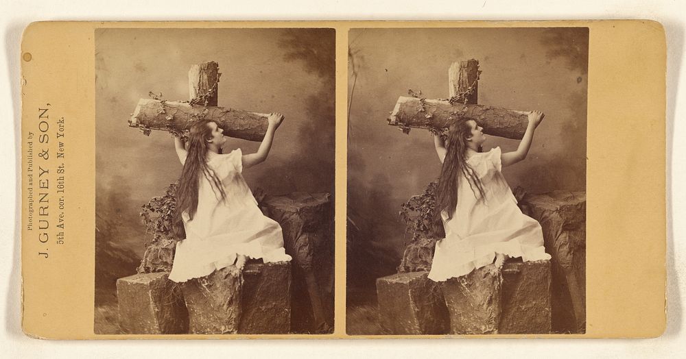 Woman holding on to a cross made out of logs by Jeremiah Gurney and Son