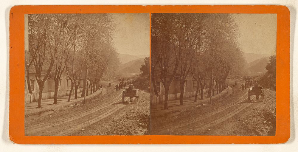 Small town tree-lined road, probably Santa Clara, California, with people walking and one man riding horse-drawn wagon by A…