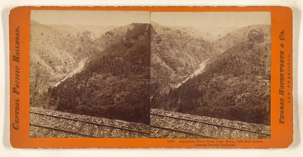 American River from Cape Horn, 1400 feet below, Central Pacific Railroad by Thomas Houseworth and Company