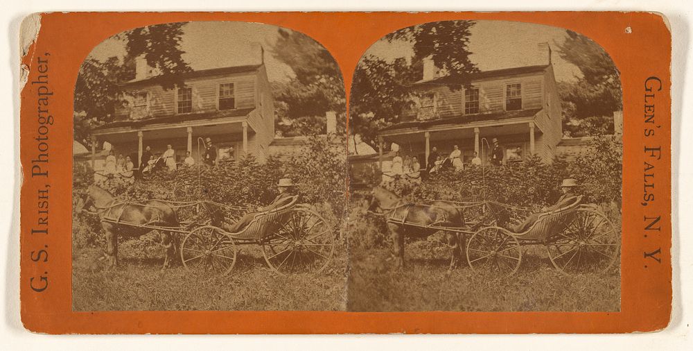 Man seated in horse-drawn low carriage, people standing on porch of large house in backrground, possibly at Glen's Falls…