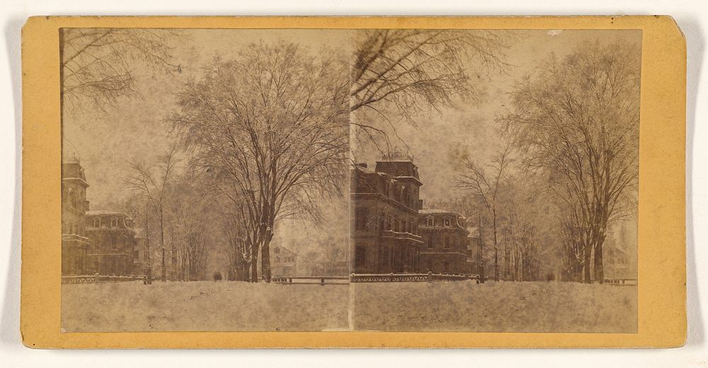 Exterior of open area, trees and large buildings in background, possibly at Montreal, Canada by James Inglis