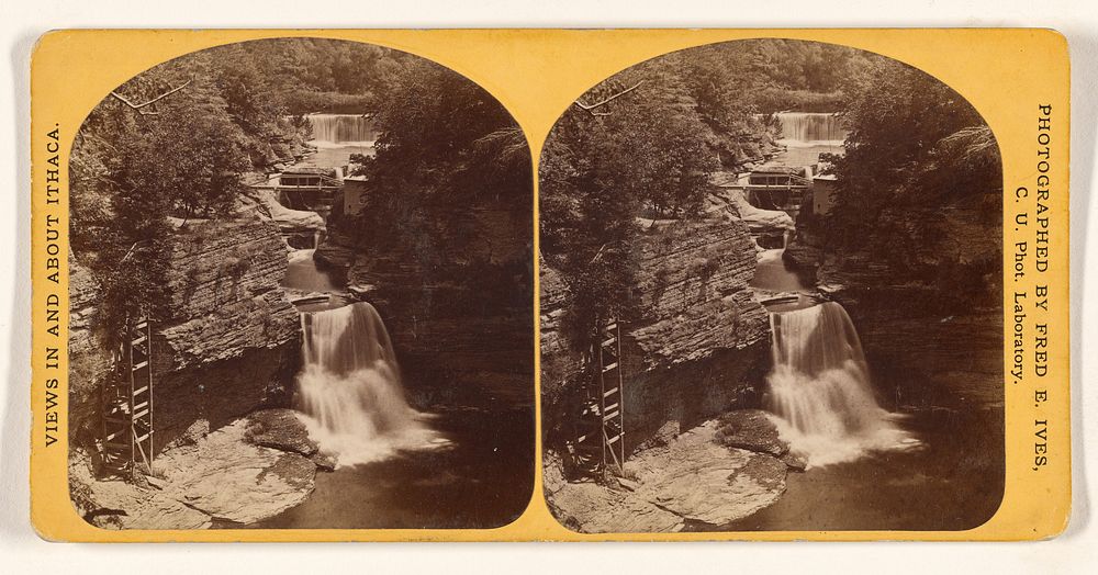 Triphammer Falls from top of bluff, showing foot-bridge and winding stairs. [Ithaca Gorge, N.Y.] by Frederic E Ives