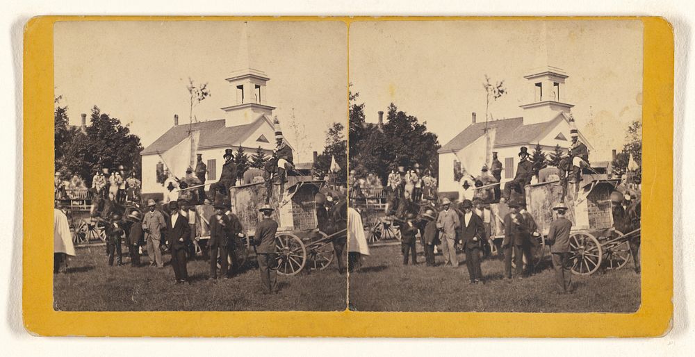 Group of people at a celebration, horse-drawn wagon at center, probably at East Jaffrey, New Hampshire by Denzill S Rice