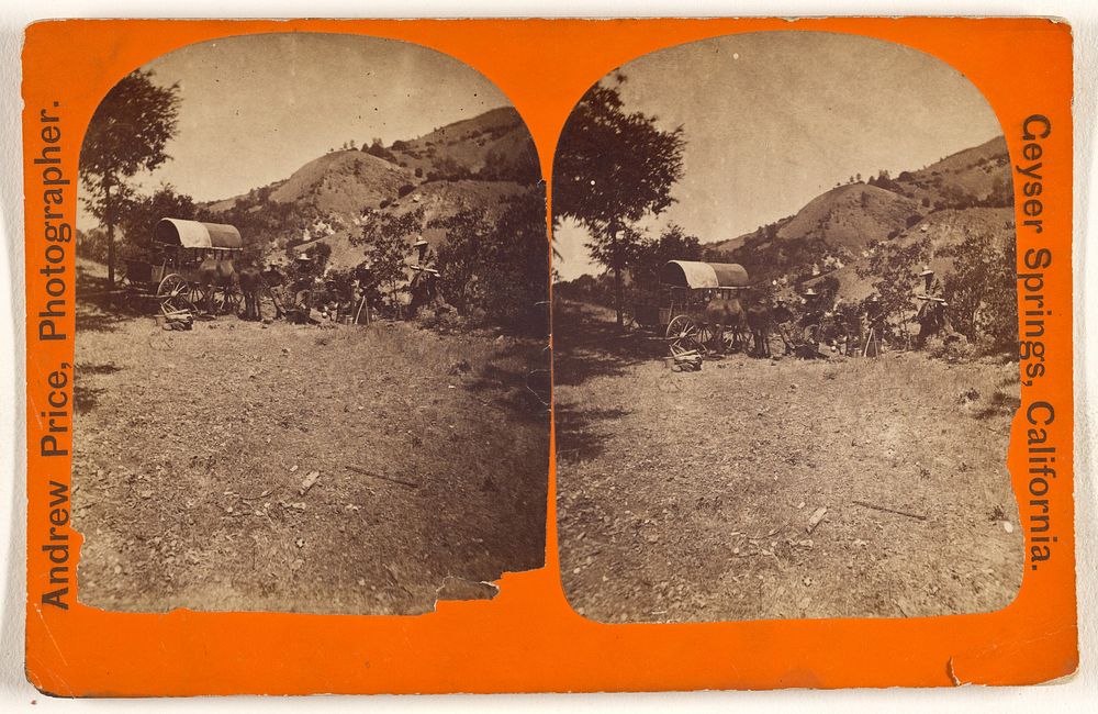 Men at camp site with covered wagon possibly at Geysers Springs or Yosemite Valley, California by Andrew Price