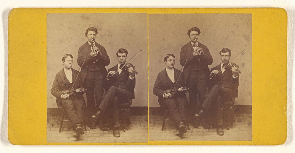 Three musicians: one cornet player standing, two violinists seated by George T Putnam