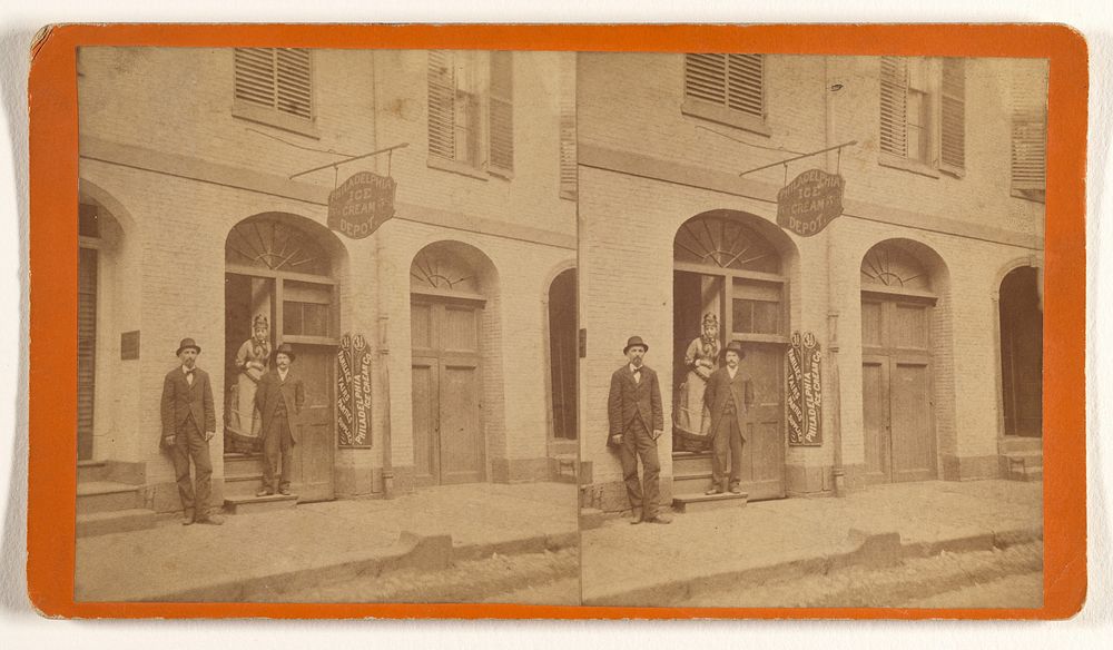 Two men and a woman posed in doorway of The Philadelphia Ice Cream Depot by H M Rand and H A Bird