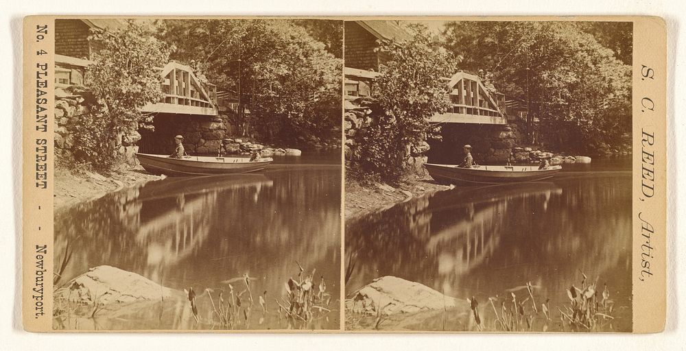 Bridge & river scene with woman in rowboat, Newburyport, Mass. by Selwin C Reed