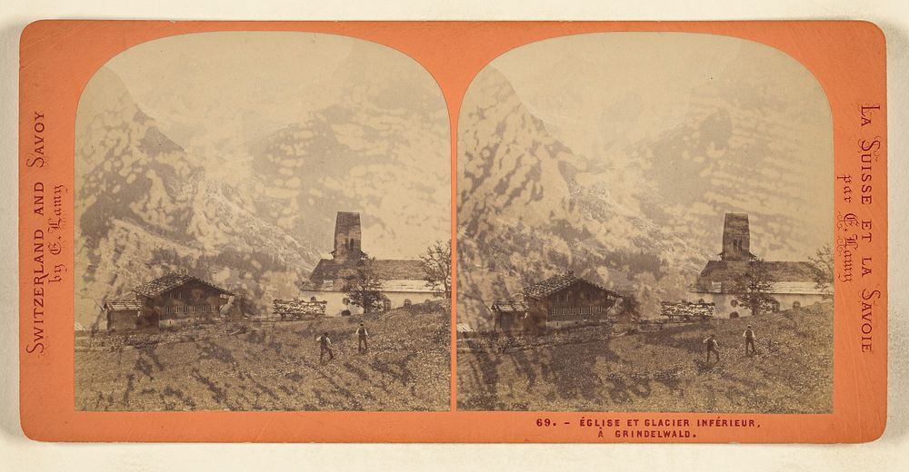 Eglise et Glacier Inferieur, a Grindelwald. by E Lamy