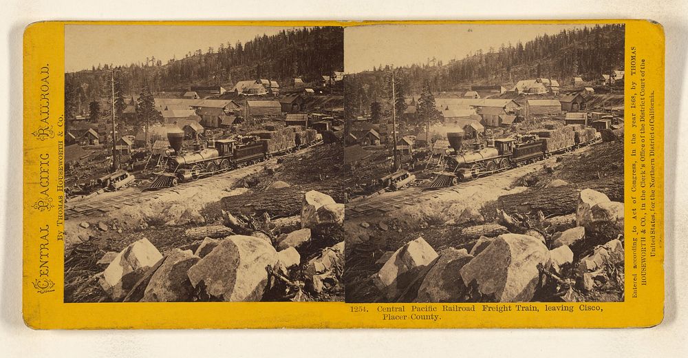 Central Pacific Railroad Freight Train, leaving Cisco, Placer County. by Lawrence and Houseworth