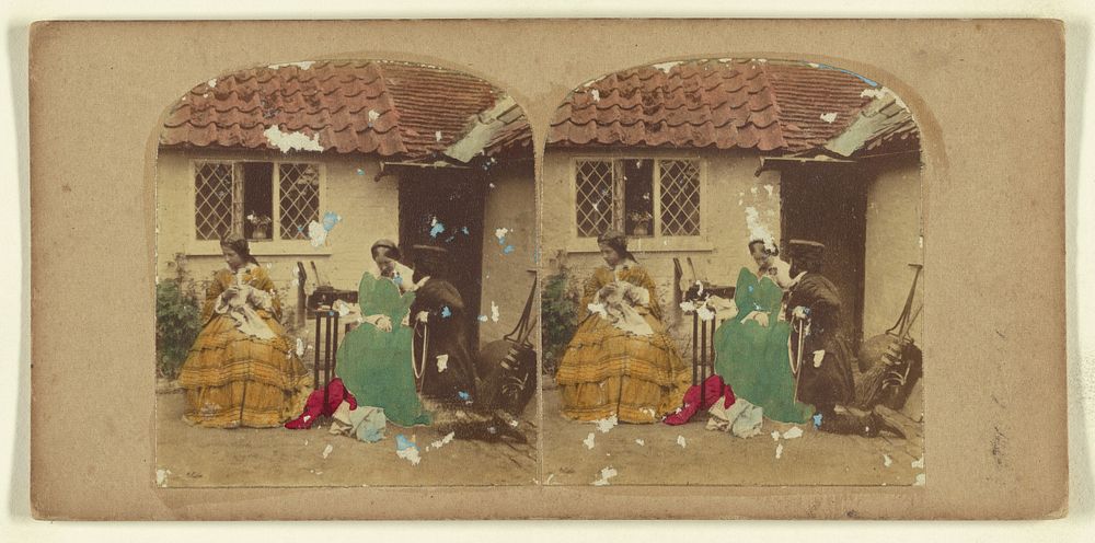Two women seated outside sewing, one man kneeling at the one on the right by London Stereoscopic and Photographic Company