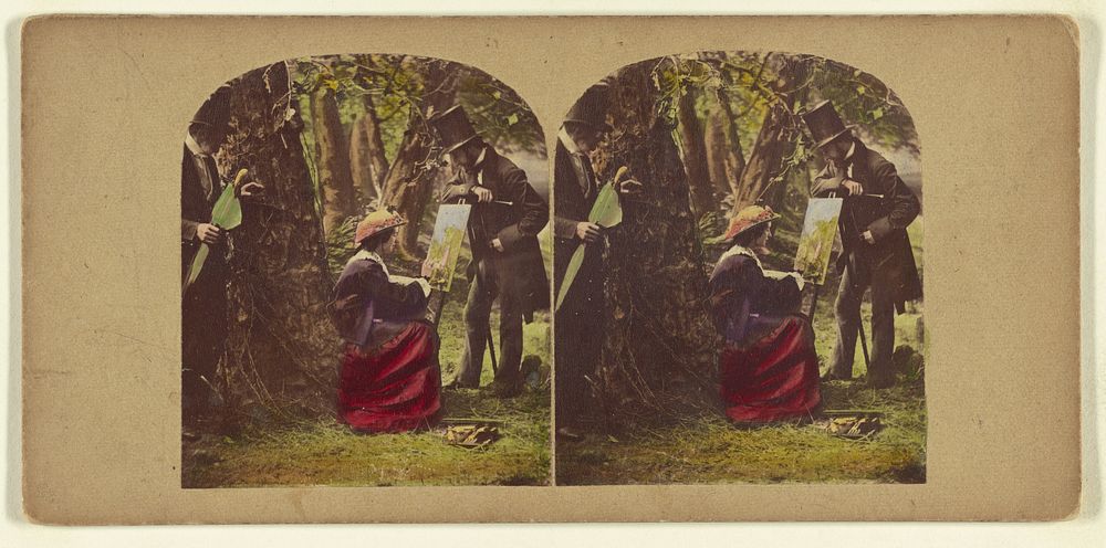 Woman seated at easel painting, two men in top hats watching by London Stereoscopic and Photographic Company