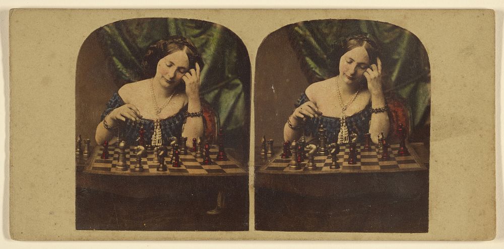 Woman playing chess by herself by Ledot