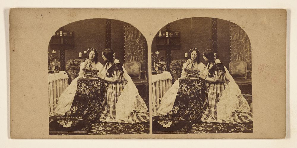 Two women examining pearls from a jewelry box by Alexis Fay