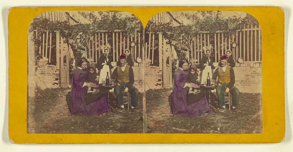 Genre scene: family seated outside aorund a table with glasses and a bottle of wine by London Stereoscopic and Photographic…
