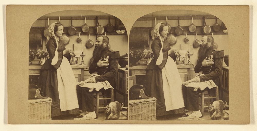 Bearded man in military garb seated being fed soup by a woman in a kitchen by London Stereoscopic and Photographic Company