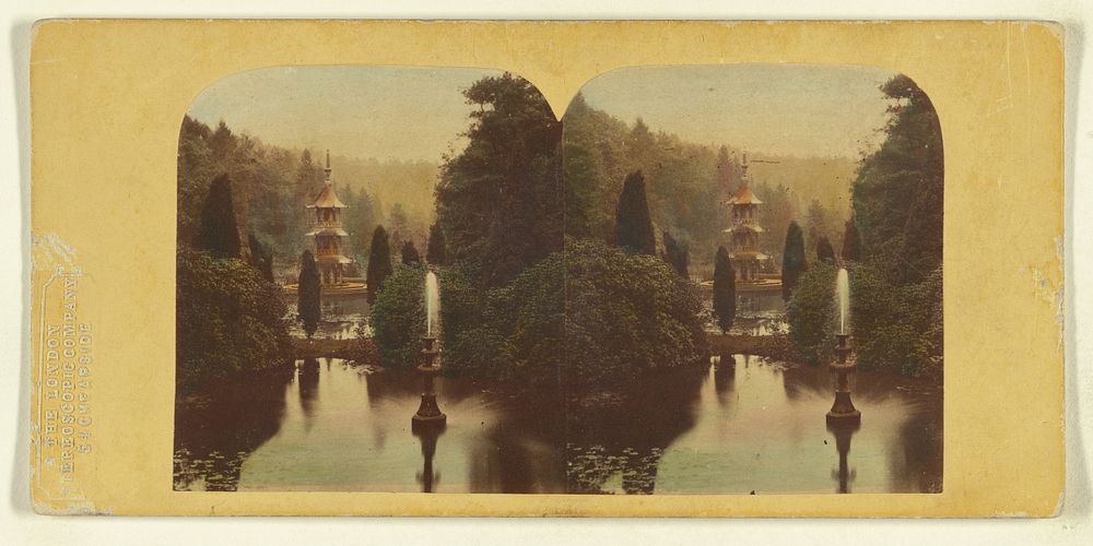 Unidentified pond with pagoda-like fountain by London Stereoscopic and Photographic Company